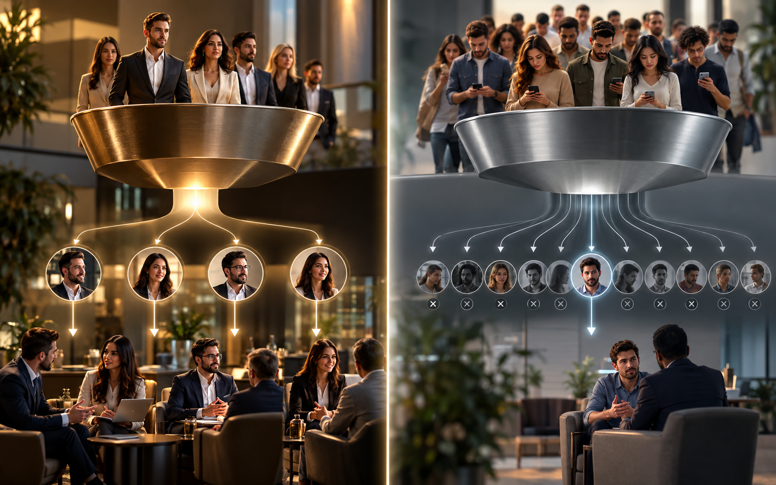 Two audience funnels: one filtering a smaller group of qualified people into real conversations, the other pushing a large crowd through with most rejected