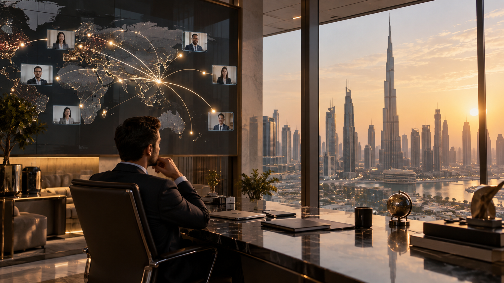 Dubai office scene with a world map showing international connections