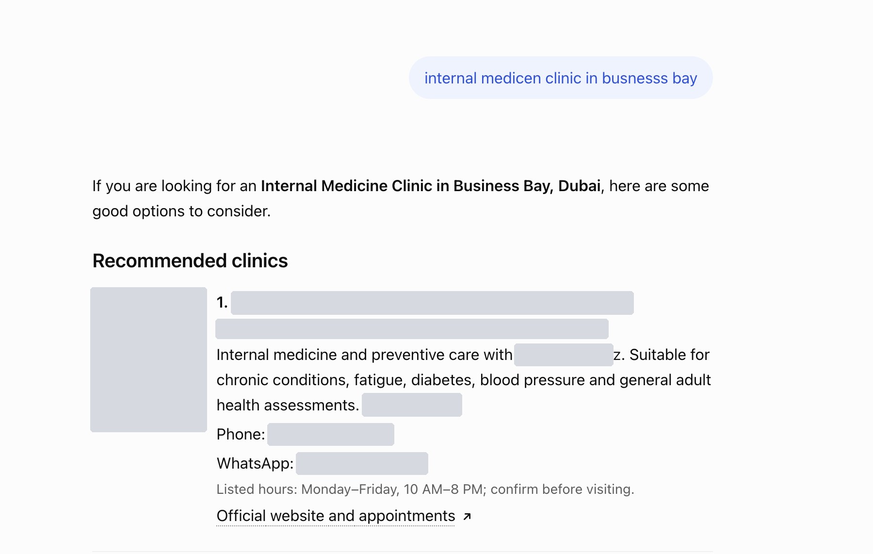ChatGPT answer for internal medicine clinic in Business Bay