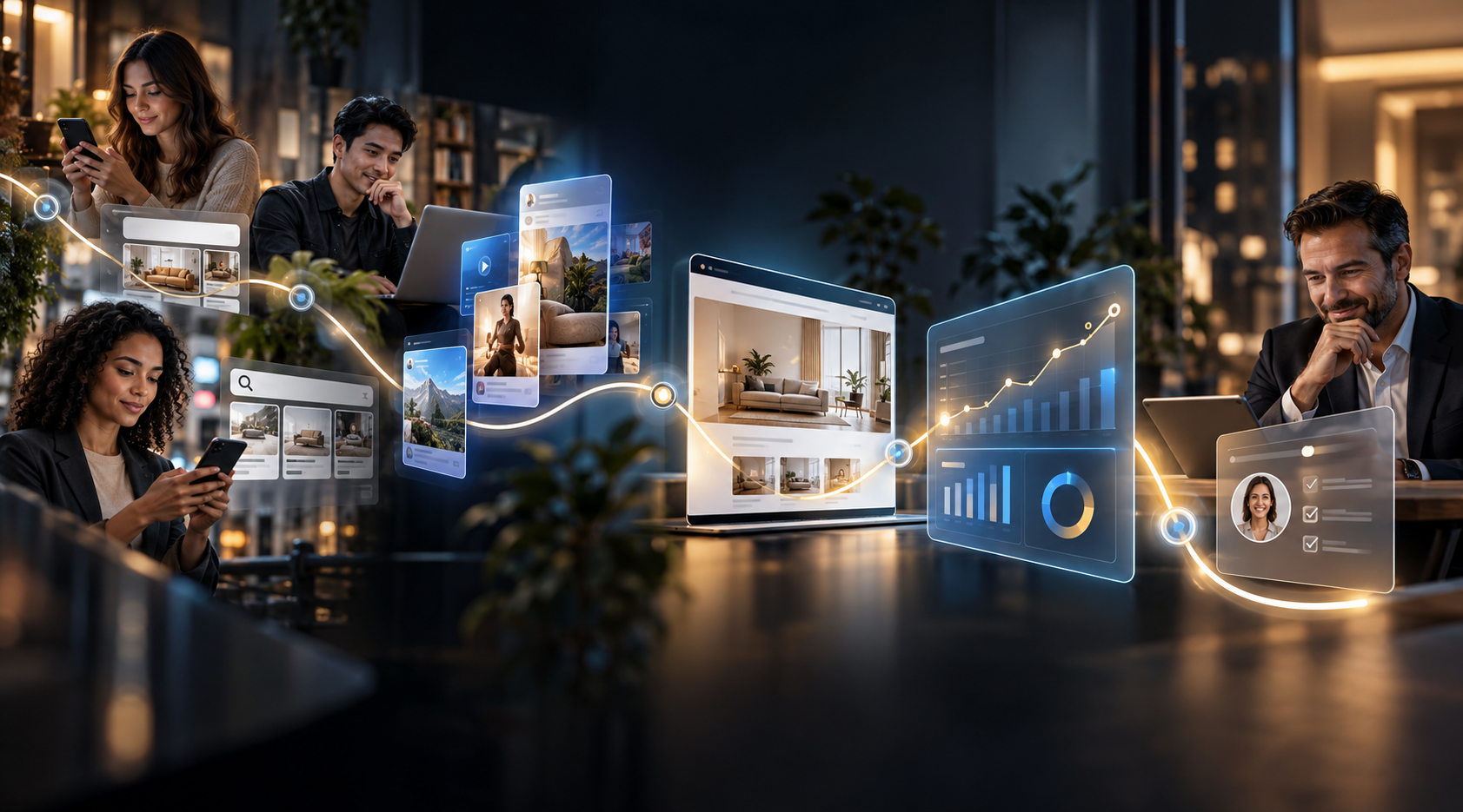 Customers discovering content and ads, moving to a website, analytics and a final qualified customer outcome along one connected path