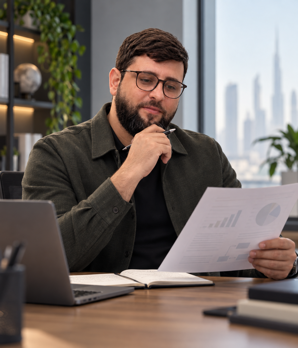 Muhammad Ali Abbasi reviewing a printed performance report at his desk
