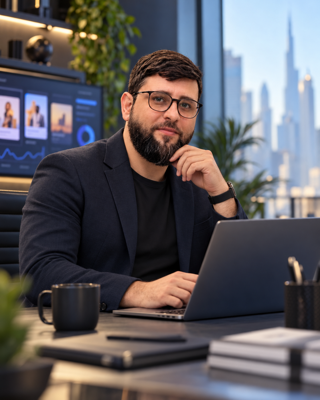 Muhammad Ali Abbasi at his desk in Dubai with a laptop and an advertising dashboard behind him