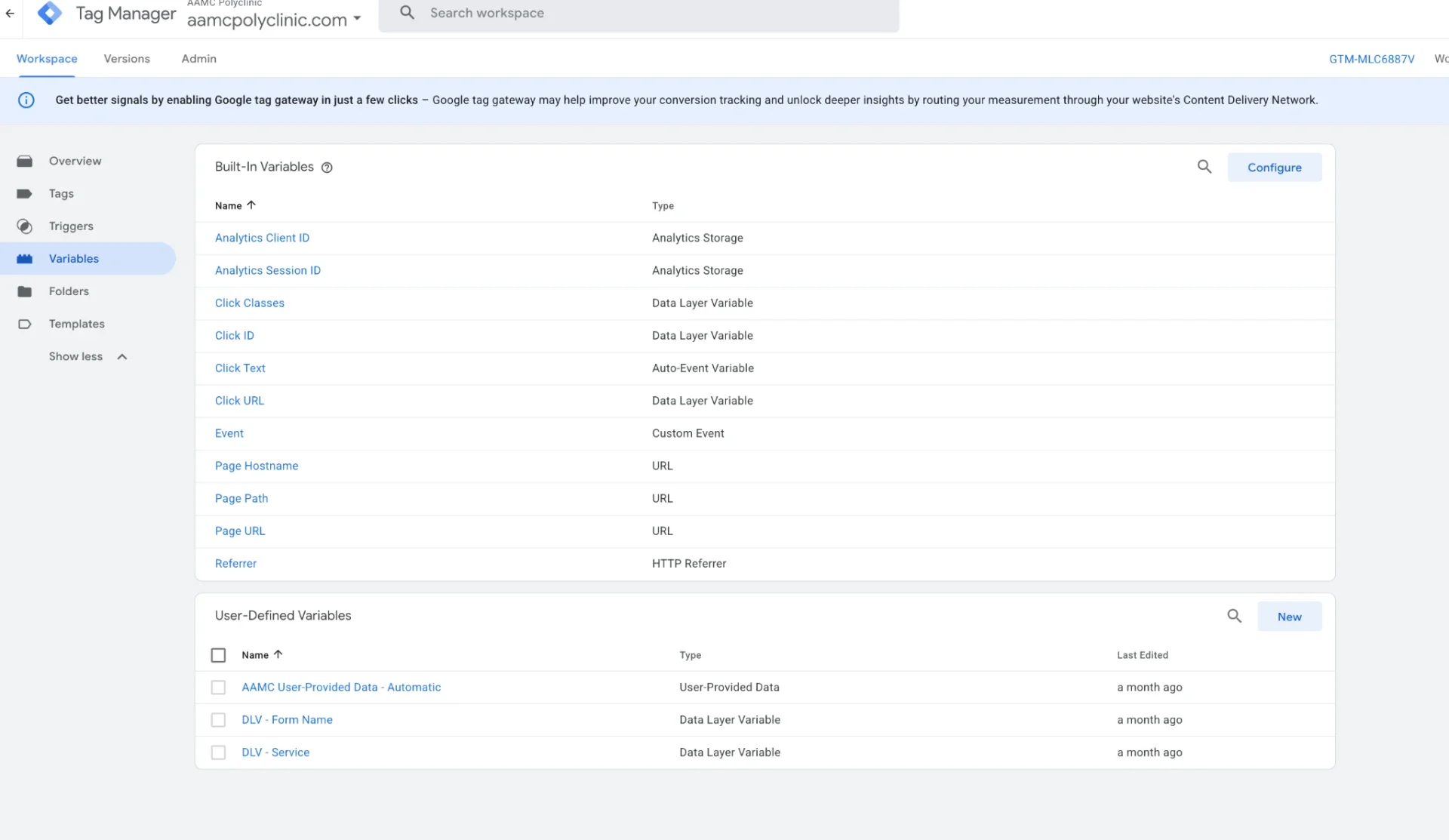 Google Tag Manager variables for AAMC including DLV Form Name and DLV Service