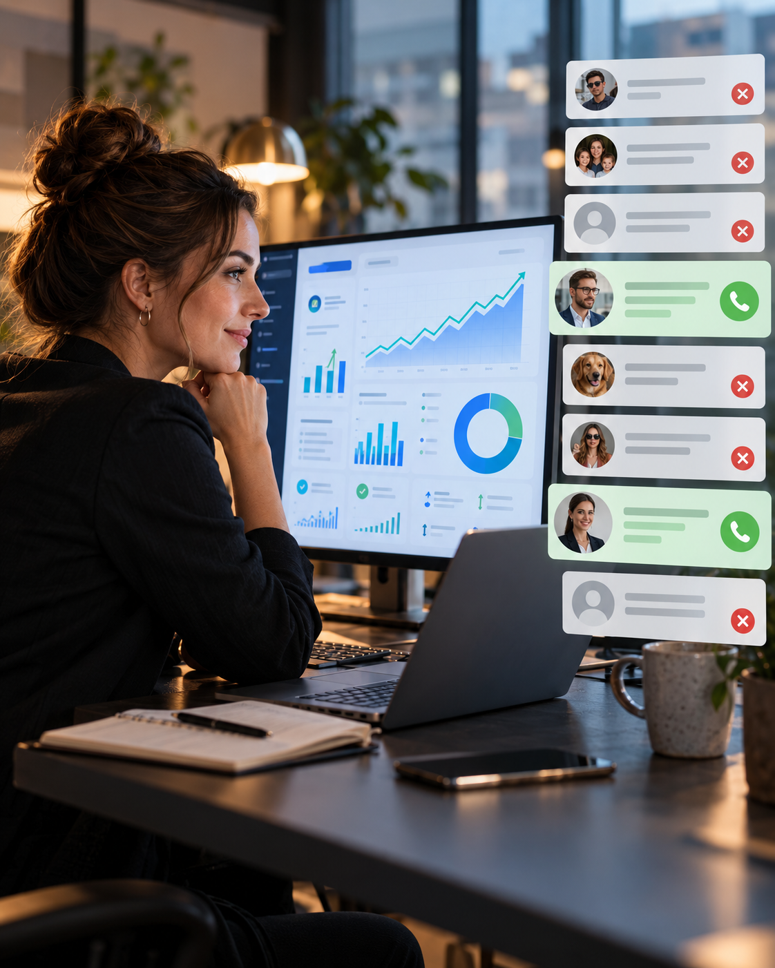 A marketer reviewing a performance dashboard while incoming leads are filtered into a few genuine conversations and many rejected ones