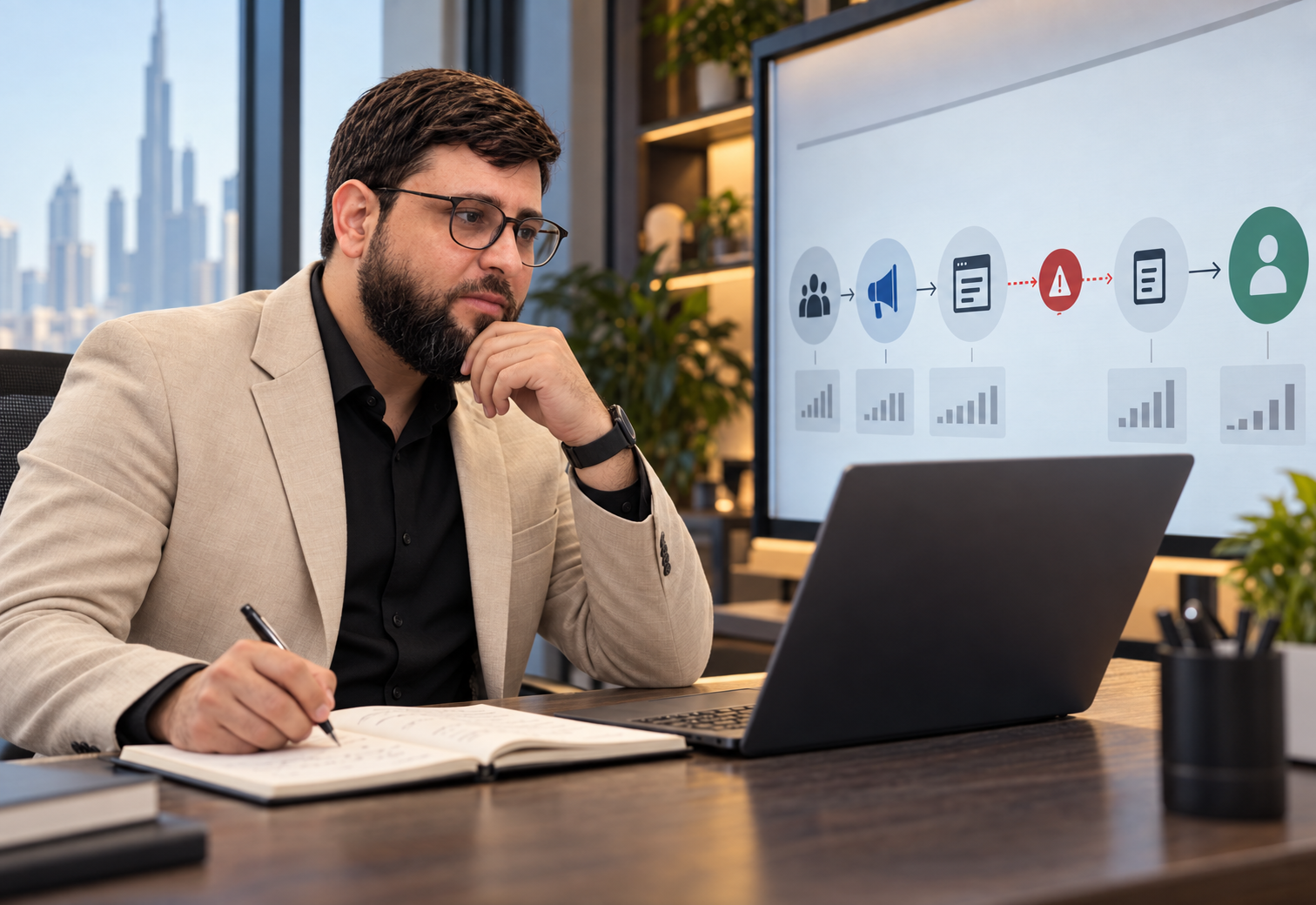 Muhammad Ali Abbasi analysing a customer journey on screen where one stage shows a warning break in the flow