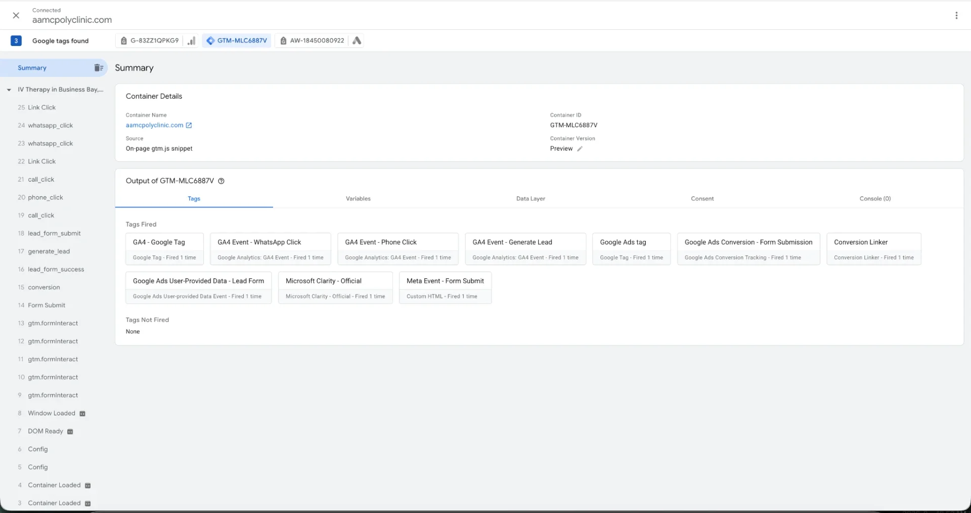 Tag Assistant summary for aamcpolyclinic.com with GA4, WhatsApp, phone, generate lead, Google Ads conversion, user-provided data, Clarity and Meta tags fired