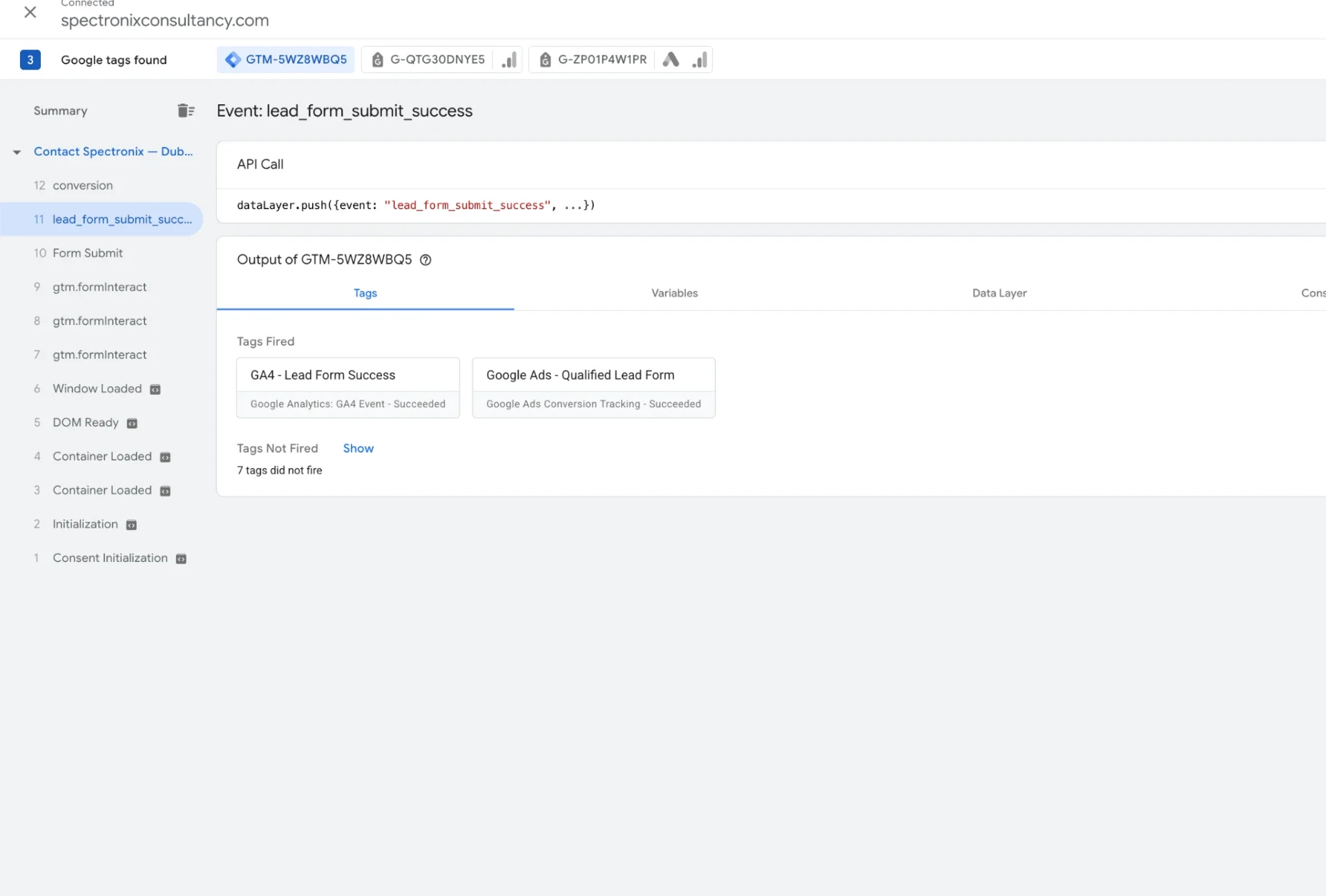 Tag Assistant for Spectronix: lead_form_submit_success fires GA4 Lead Form Success and Google Ads Qualified Lead Form