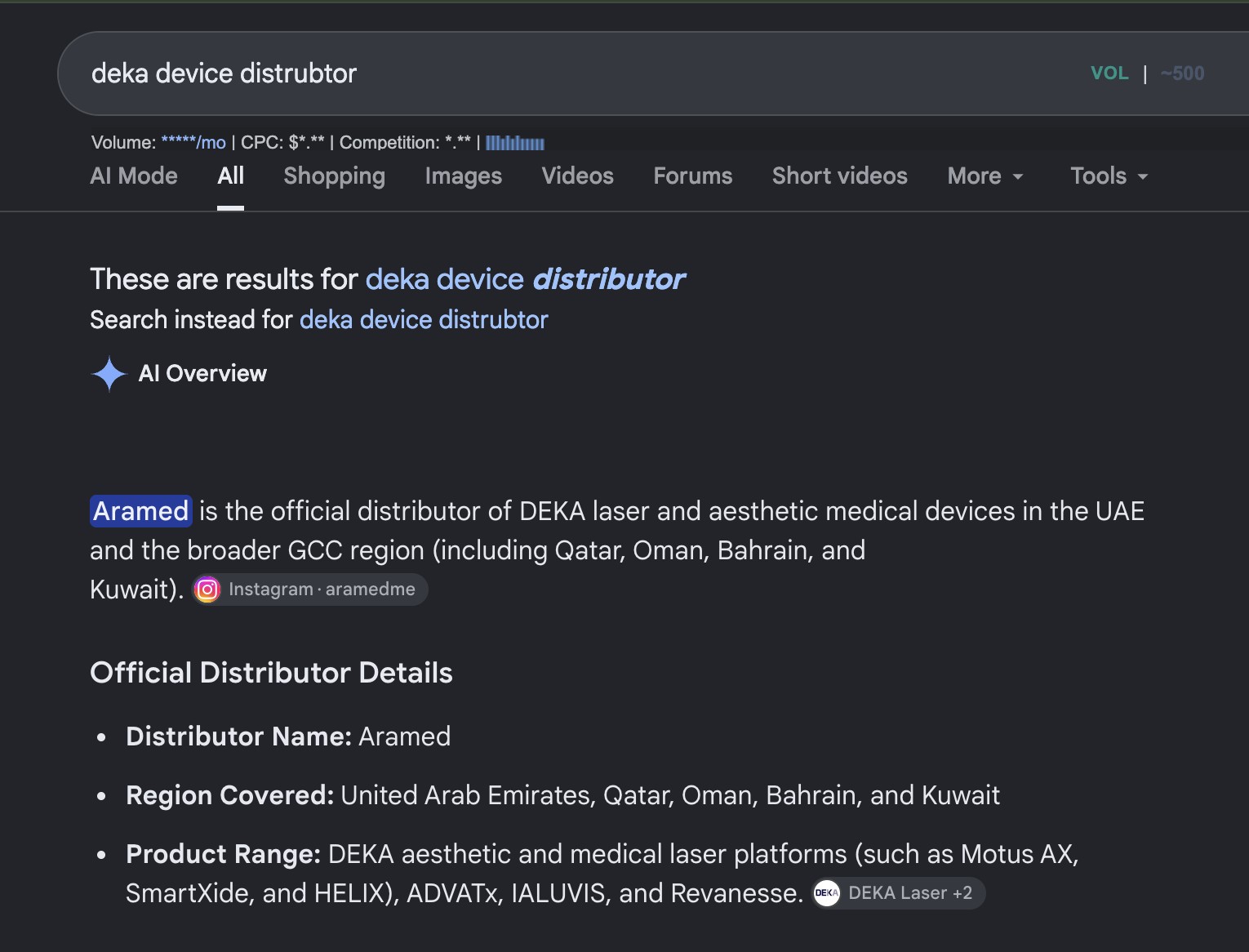Google AI Overview identifying Aramed as the official DEKA distributor across the UAE and GCC