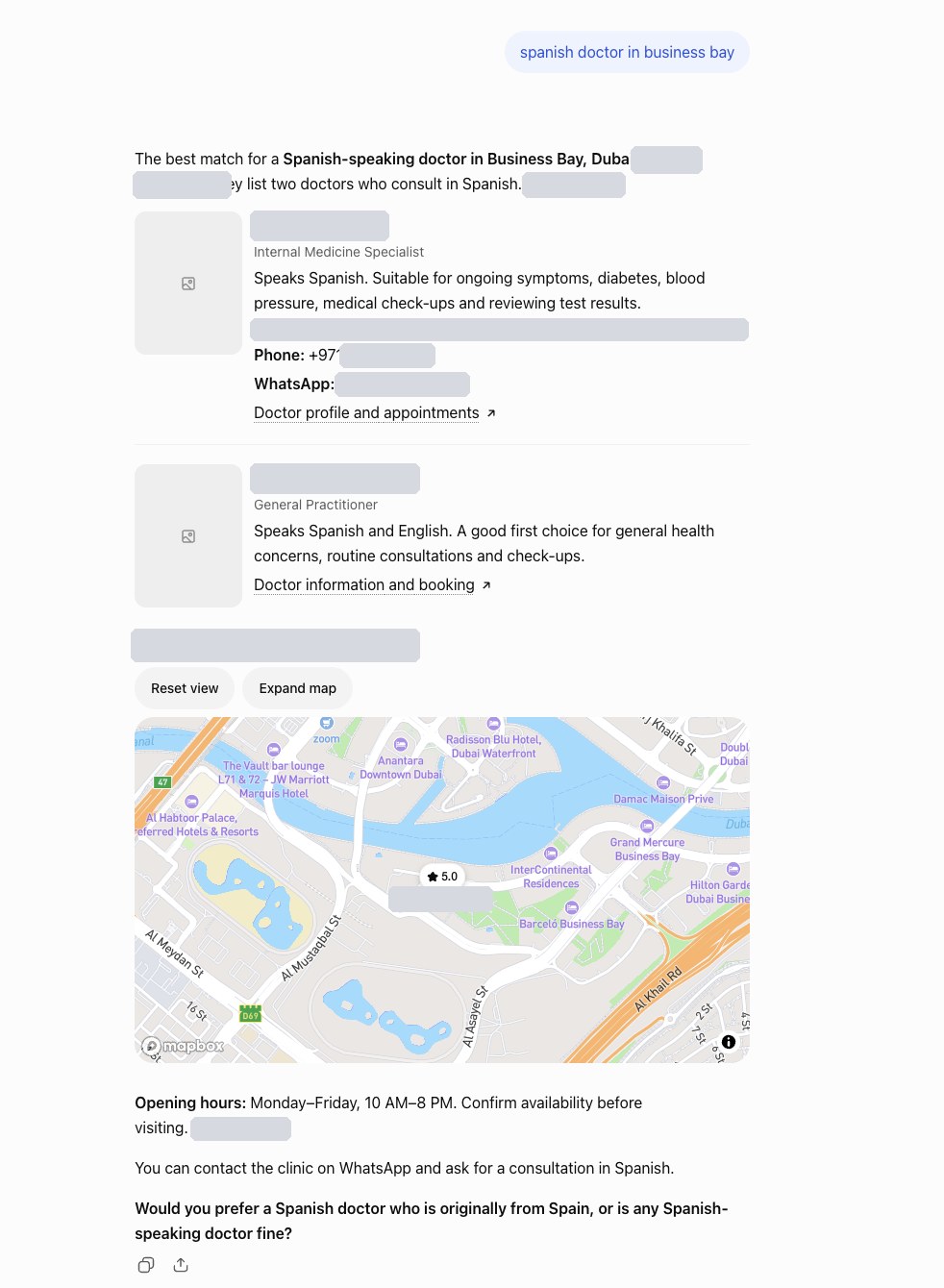ChatGPT answer for Spanish doctor in Business Bay