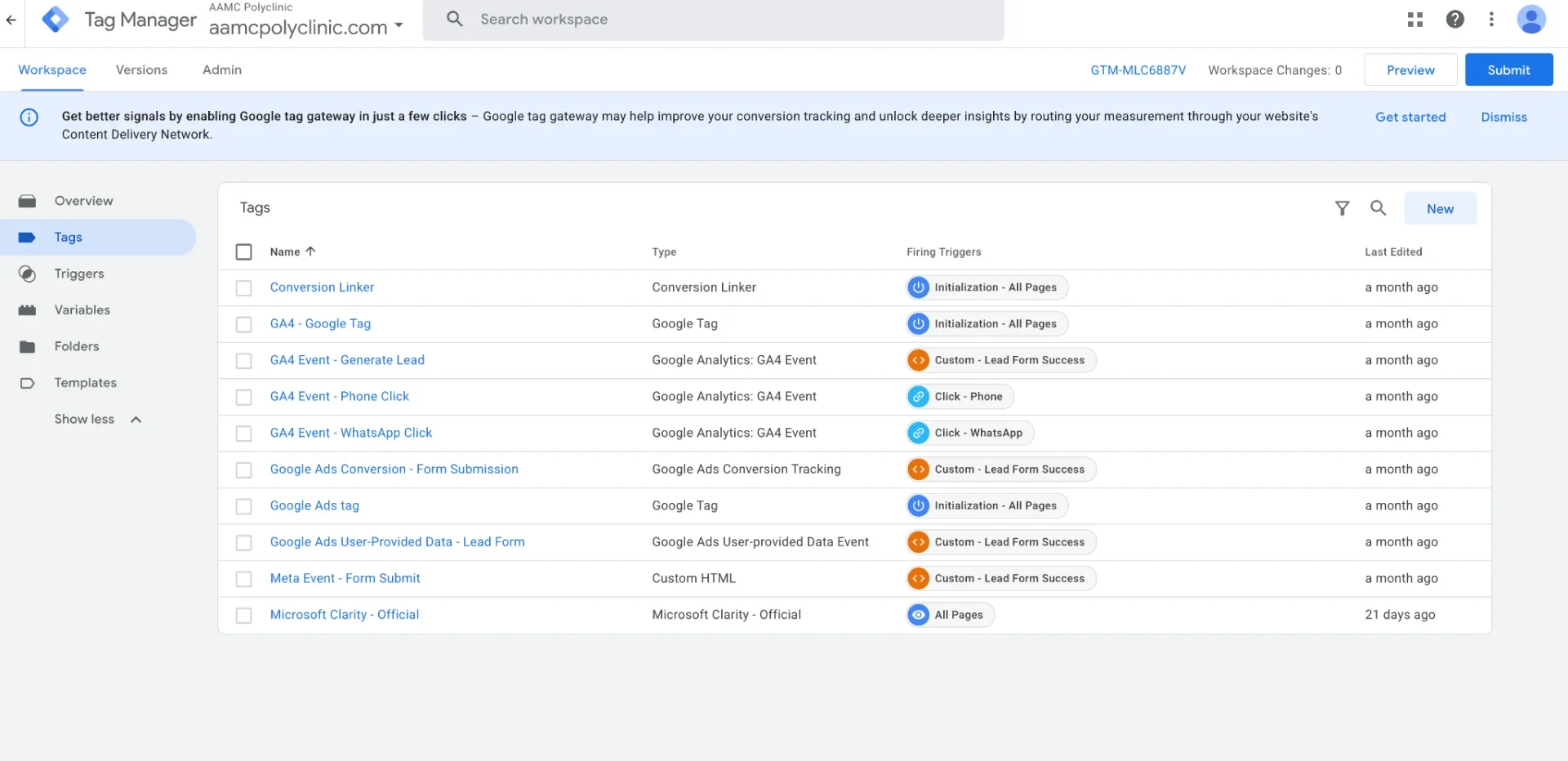 Google Tag Manager tag list for AAMC Polyclinic with conversion linker, GA4, Google Ads, Meta and Clarity tags