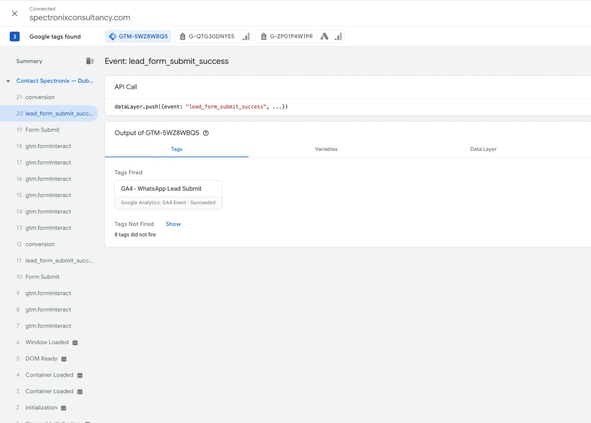 Tag Assistant for Spectronix: WhatsApp lead event fires only GA4 WhatsApp Lead Submit