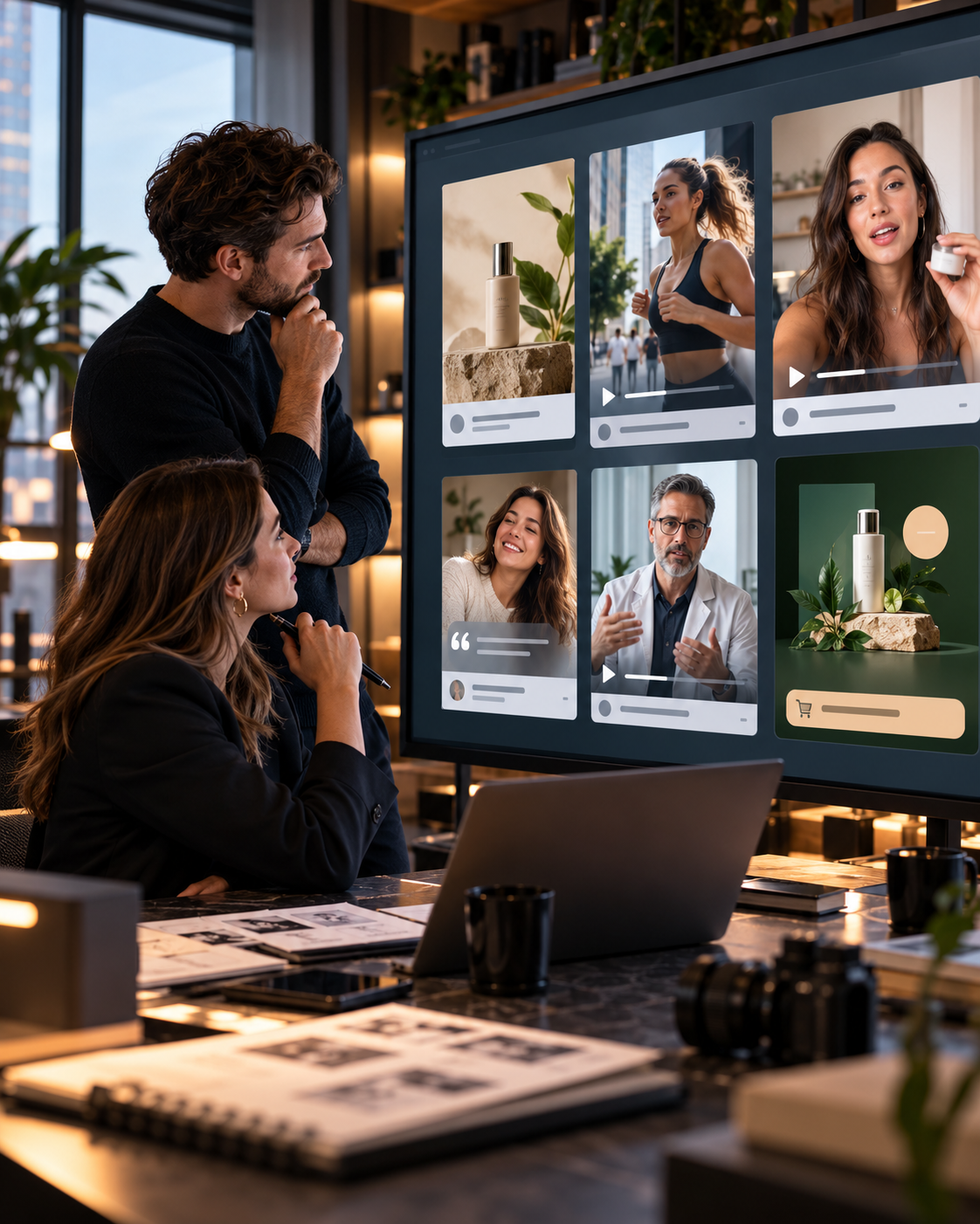 Two marketers reviewing a wall of ad creatives including product, video, testimonial and expert-led formats