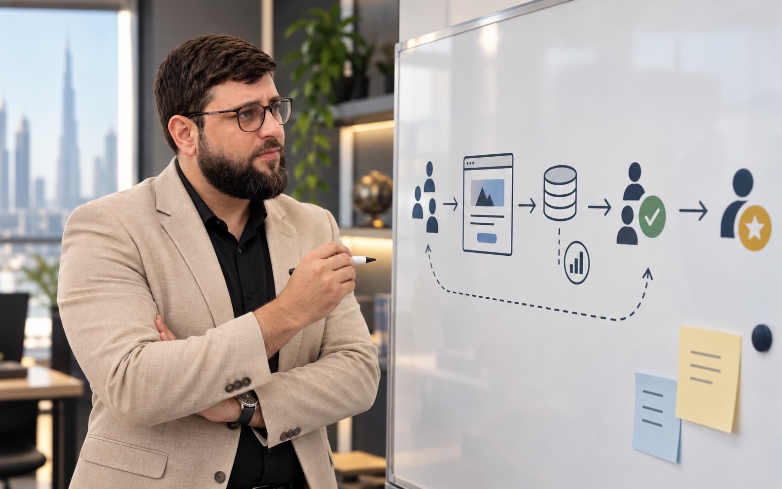 Muhammad Ali Abbasi beside a whiteboard mapping a connected customer acquisition journey