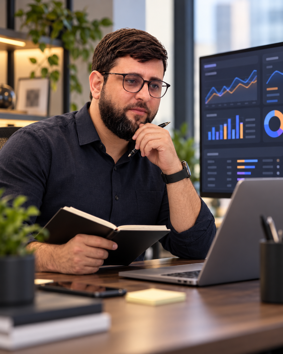 Muhammad Ali Abbasi reviewing account notes beside a campaign performance dashboard