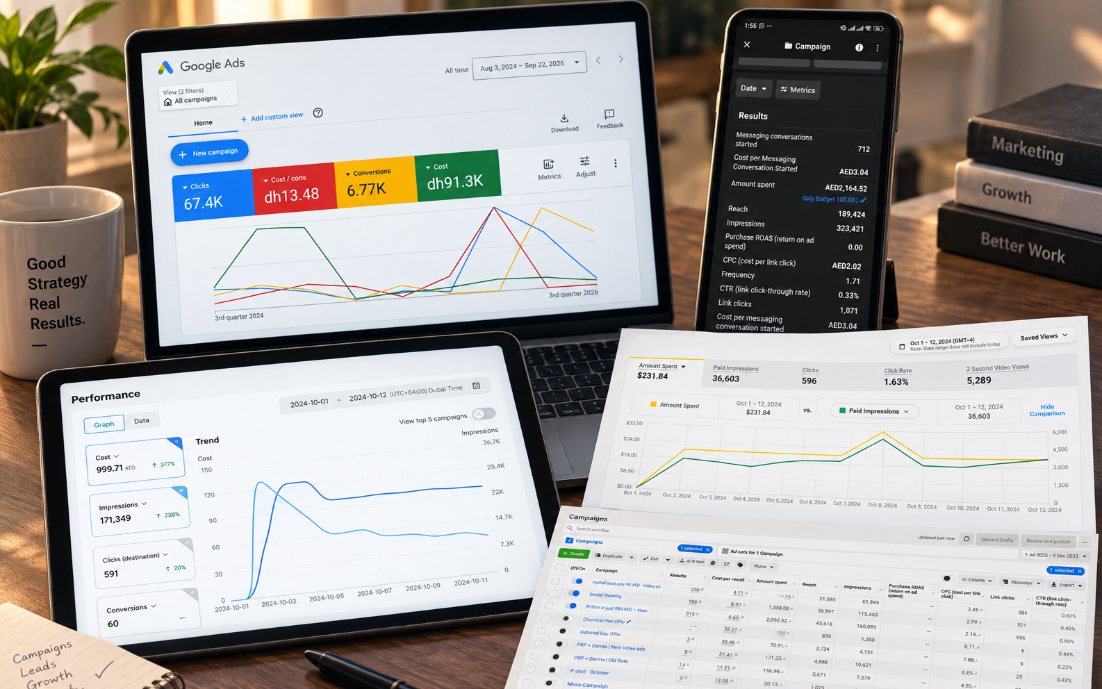 Advertising and analytics evidence shown across campaign dashboards